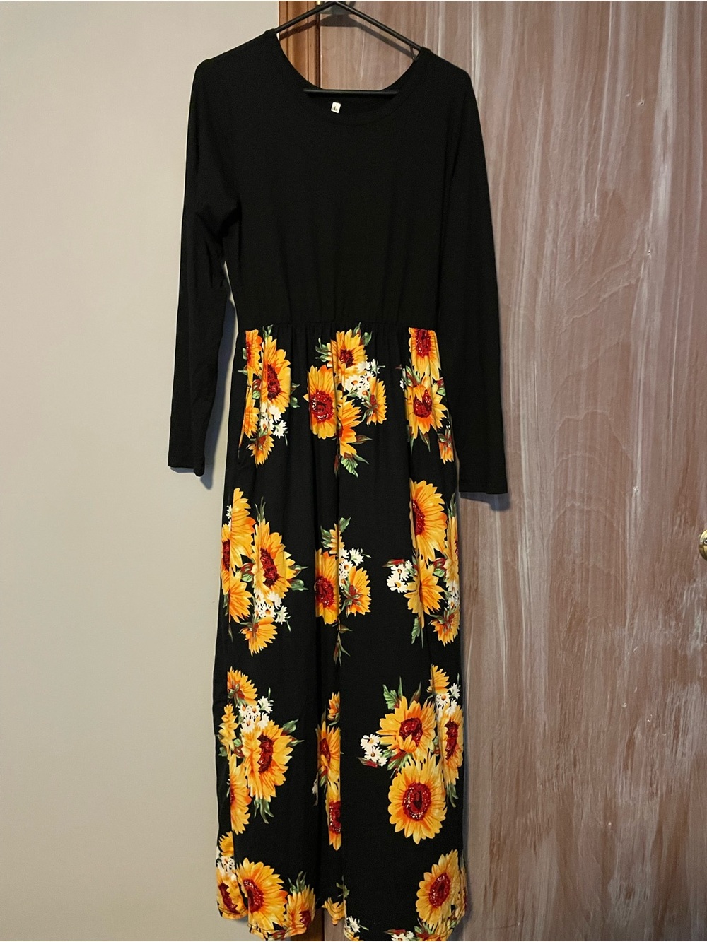Black Long-Sleeve Maxi Dress with Bold Sunflower Print